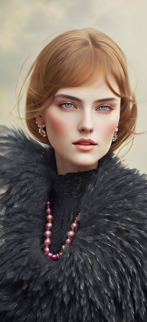 Digital portrait of woman with blue eyes, blonde hair, black feathery garment, pearl necklace