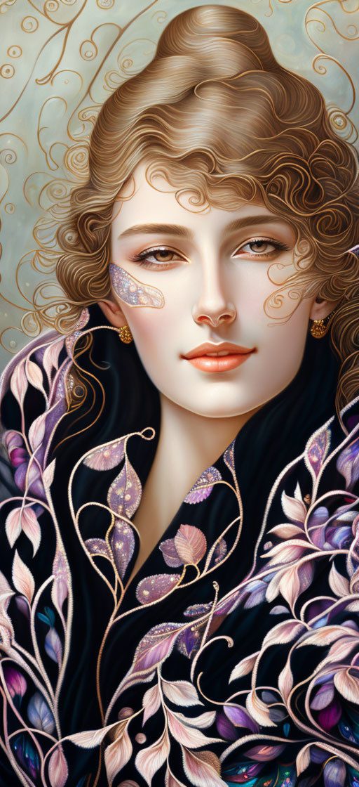 Stylized woman with wavy hair in dark garment with floral designs