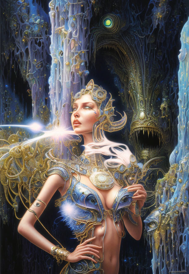 Fantastical image: Woman in golden armor with peacock motifs in mystical cave with glowing crystals and