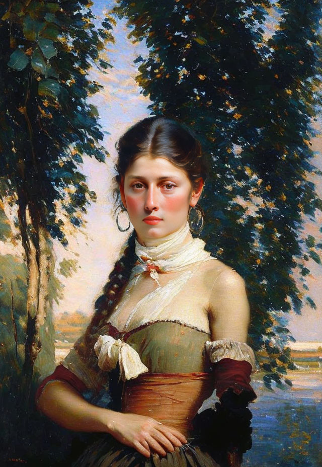 Young woman in braided hairstyle in 19th-century dress against pastoral landscape