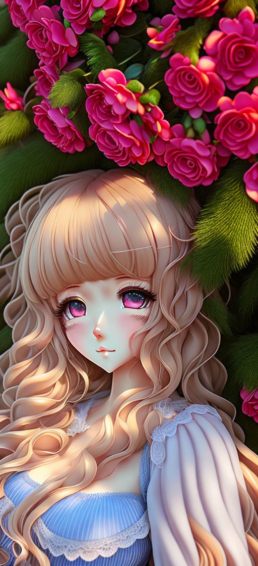 Blond-Haired Girl Surrounded by Pink Roses and Lace