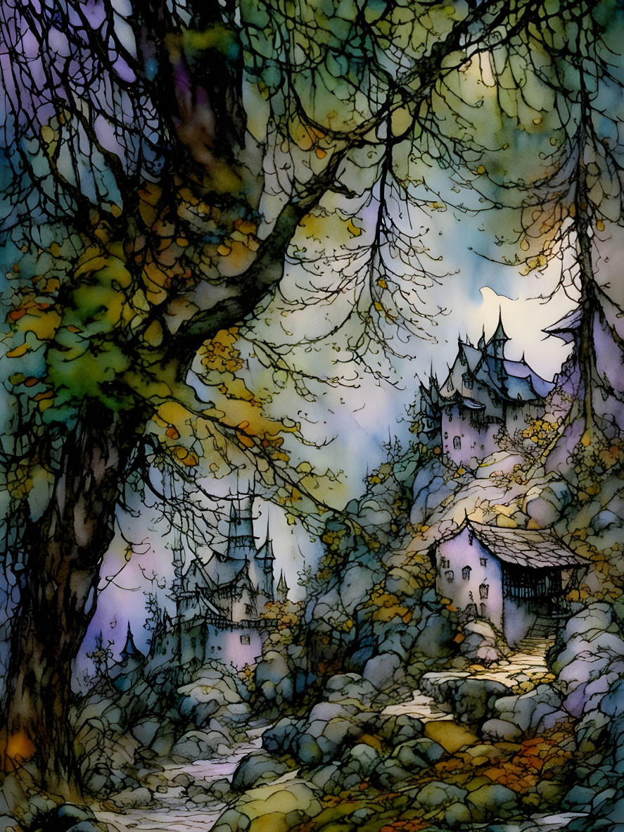 Fantasy landscape with stylized castle and towering trees