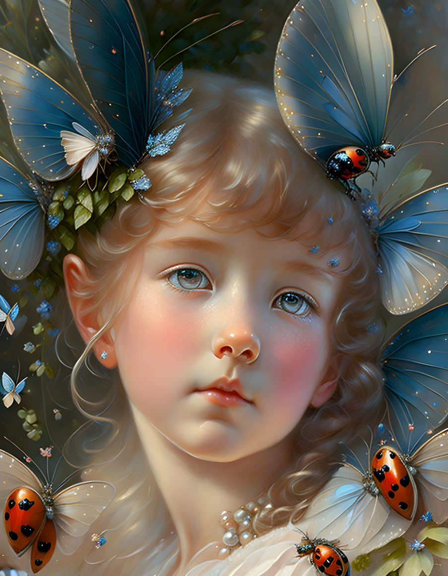 Child portrait with butterfly wings and ladybugs, serene expression.