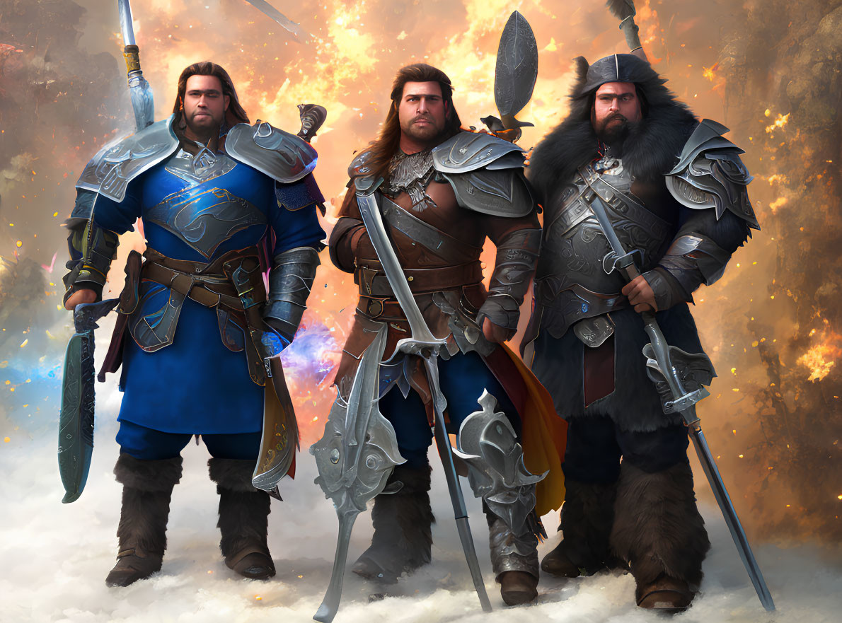 Three fantasy warriors in ornate armor with swords and spear against dramatic backdrop