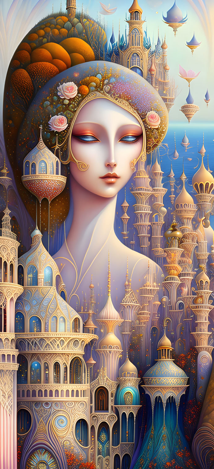 Digital artwork: Female figure with ornate headdress amidst whimsical architecture and floating ships