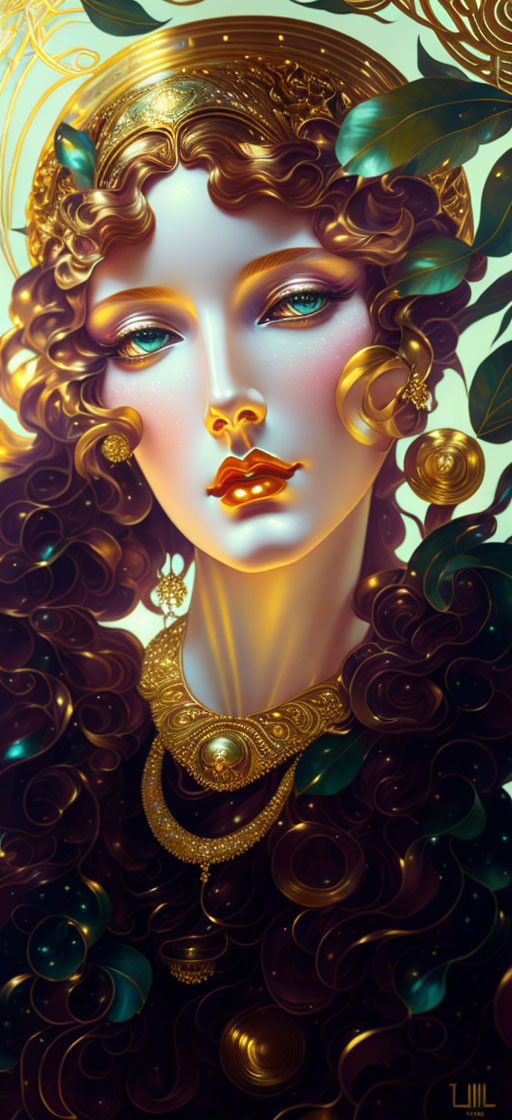 Detailed Portrait of Woman with Golden Jewelry and Wavy Hair