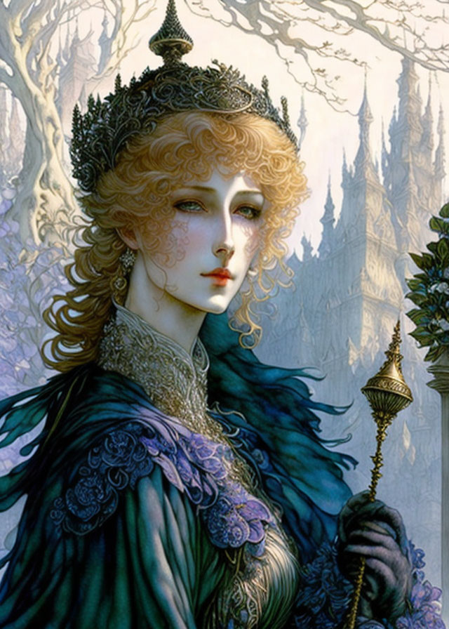 Elven queen with golden hair, crown, blue robe, scepter in fantasy forest