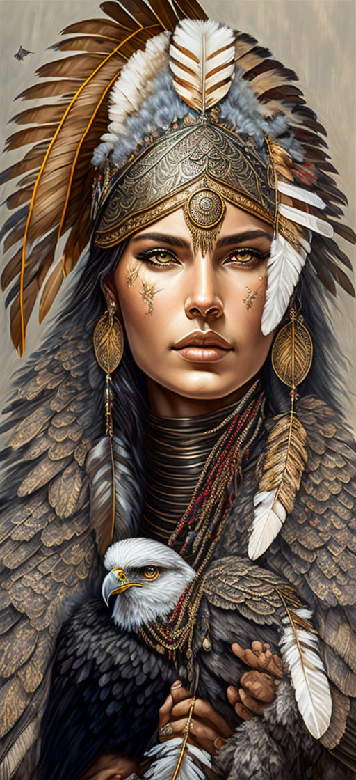 Detailed illustration of person with eagle, feathered headdress, face markings, and beaded ornaments