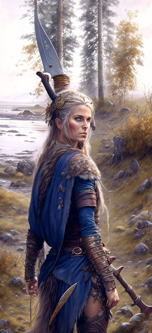 White-Haired Female Warrior in Blue Armor by River