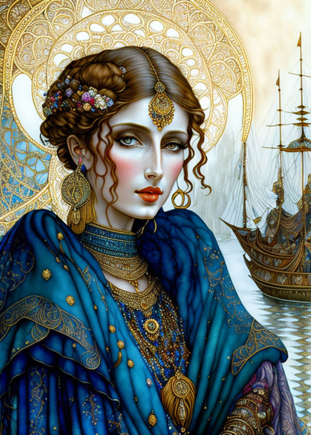 Illustrated woman with ornate gold jewelry and blue shawl in front of ships and golden pattern