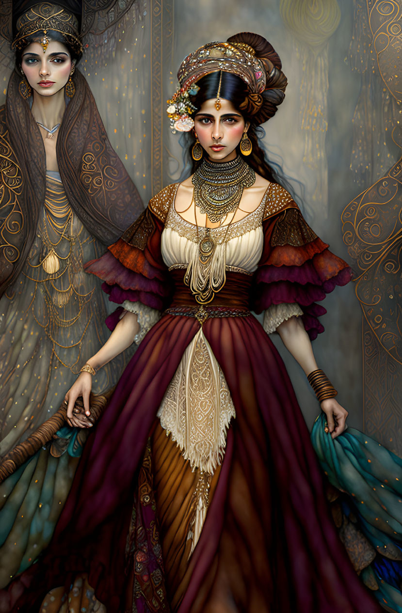 Illustrated woman in historical gown with golden jewelry on patterned backdrop