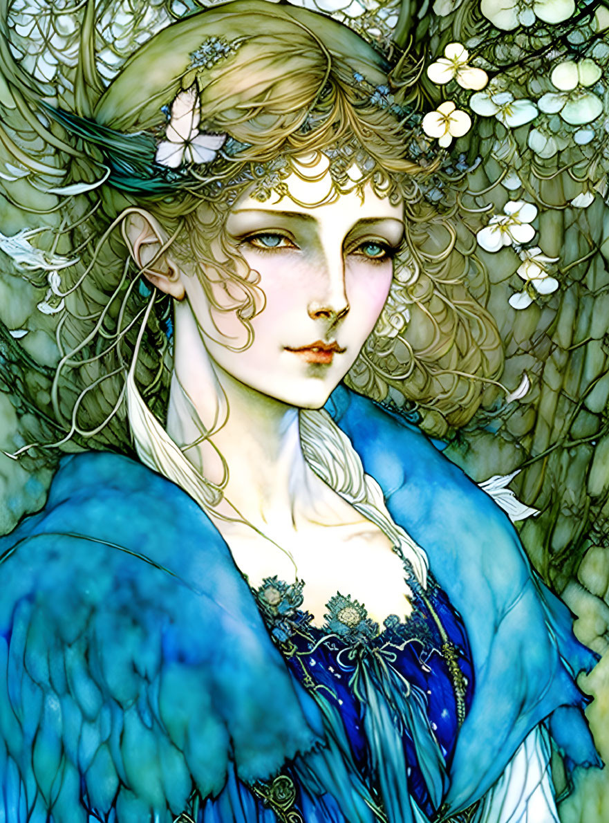 Illustrated ethereal female figure with floral crown and blue cloak among blossoming branches