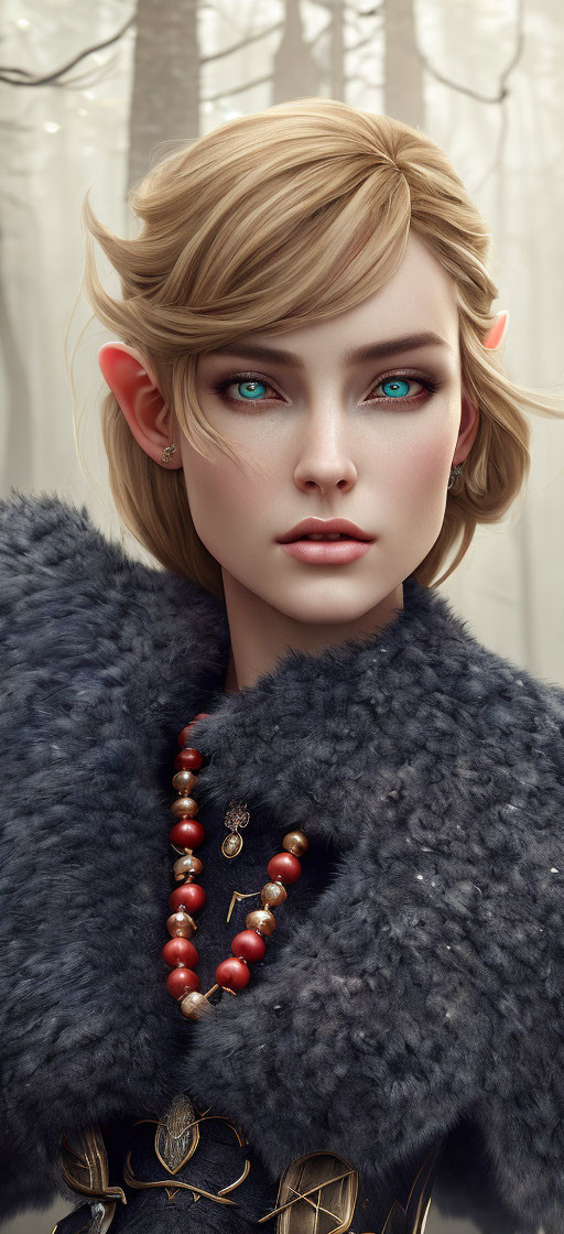 Fantasy Female Character with Pointed Ears and Turquoise Eyes in Misty Forest