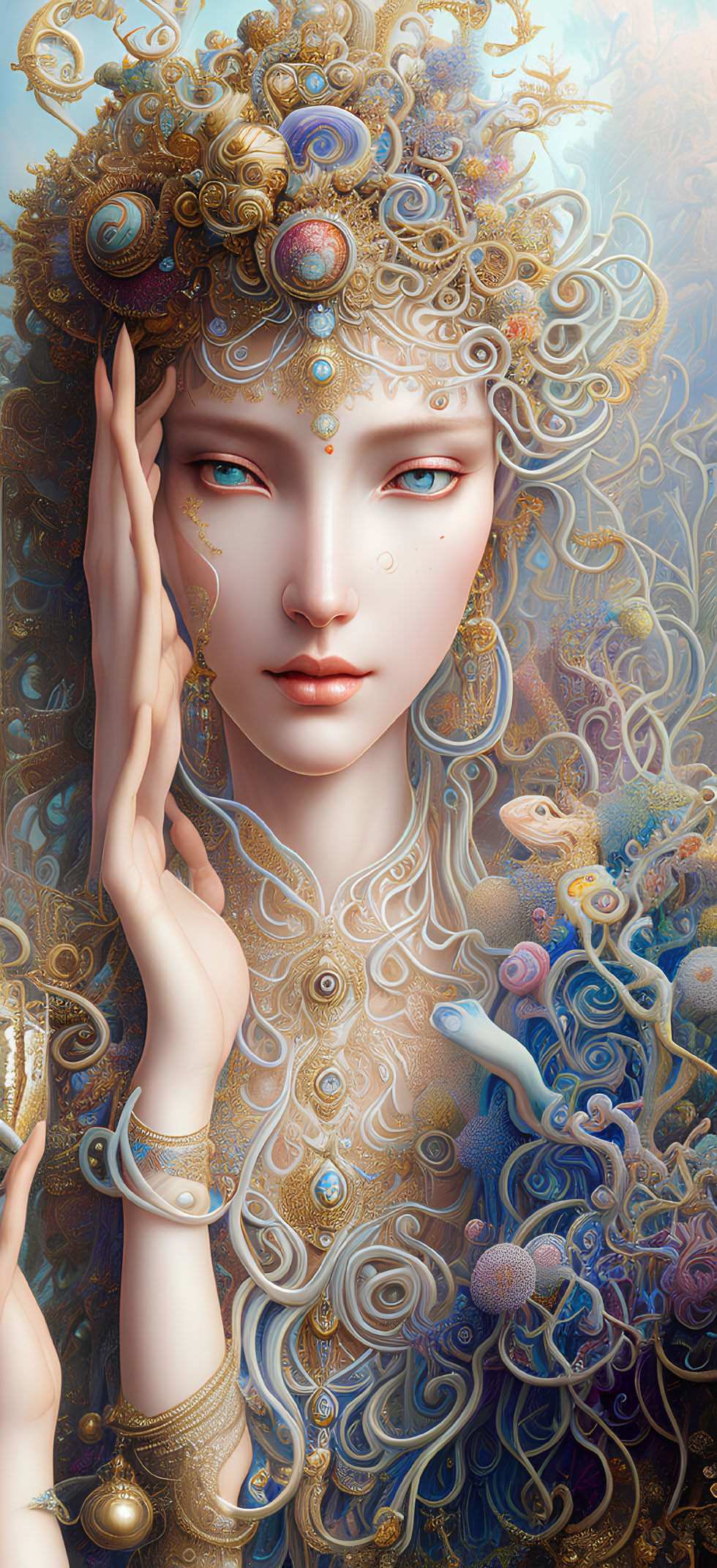 Ethereal female figure adorned with gold jewelry in fantasy setting