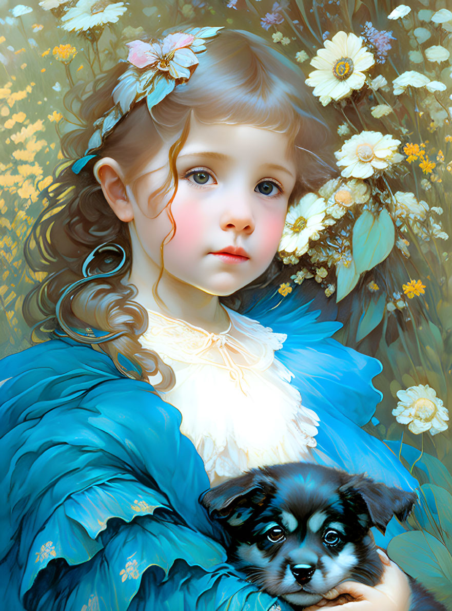 Young girl with big blue eyes holding a puppy against floral backdrop