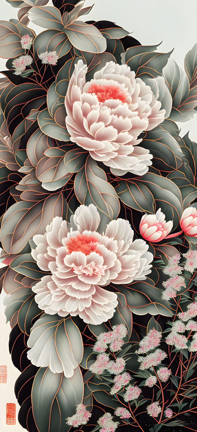 Detailed Pink and White Peony Floral Illustration with Green Foliage