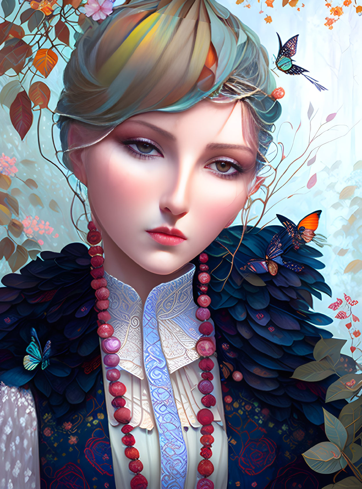 Colorful digital artwork of a woman with multi-colored hair and blue eyes, adorned with butterflies and floral