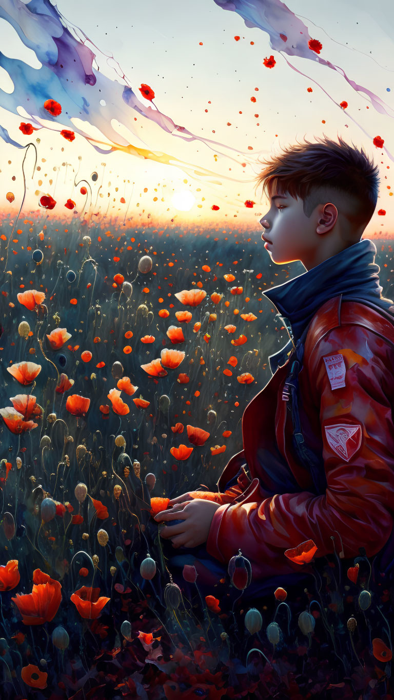 Boy in Red Jacket Standing in Poppy Field at Sunset