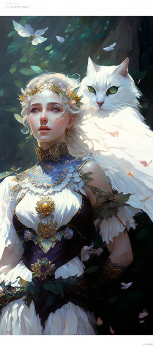 Woman with floral crown and majestic white cat in serene forest with butterflies