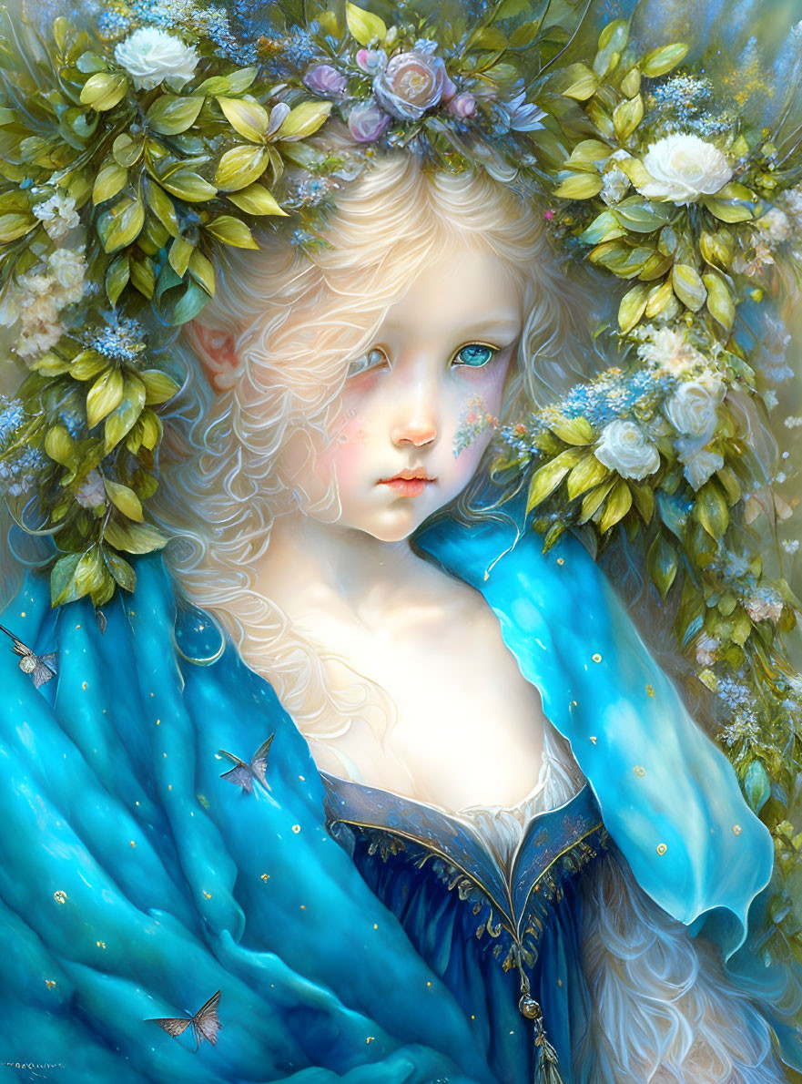 Digital art portrait of girl with blond wavy hair in flower crown and blue gown, surrounded by butterflies