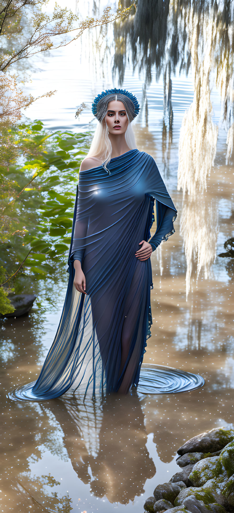 Woman in flowing blue dress stands in serene, mythical setting with willow trees.