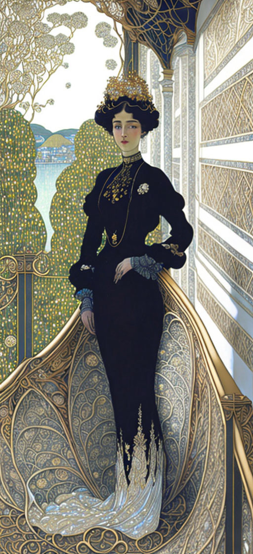 Art Nouveau Style Illustration of Elegant Woman in Black Dress with Gold Accents