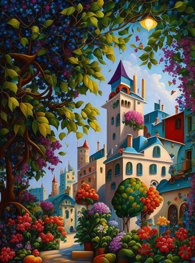 Colorful Whimsical Town Illustration with Castle and Lantern