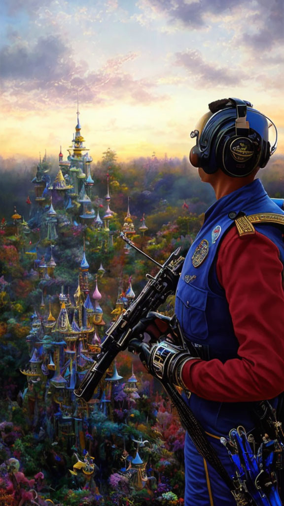 Futuristic soldier in colorful forest with fantastical cityscape