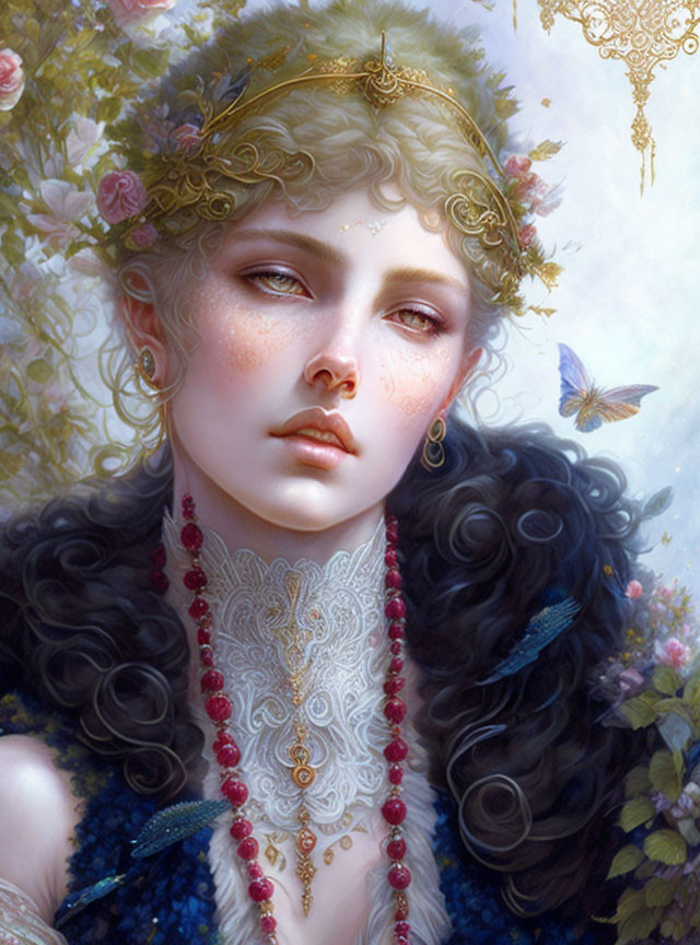 Portrait of Woman Adorned with Jewelry, Flowers, and Butterflies