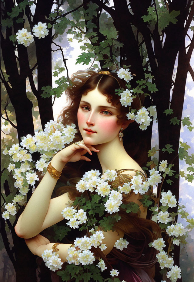 Portrait of Woman with Dark Hair Surrounded by White Blossoms and Trees