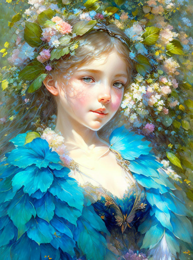 Young girl with blue feathered wings in lush garden scenery.