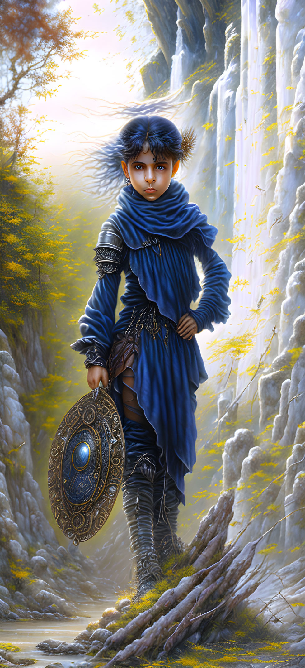 Young warrior in blue attire with detailed shield in forest glade