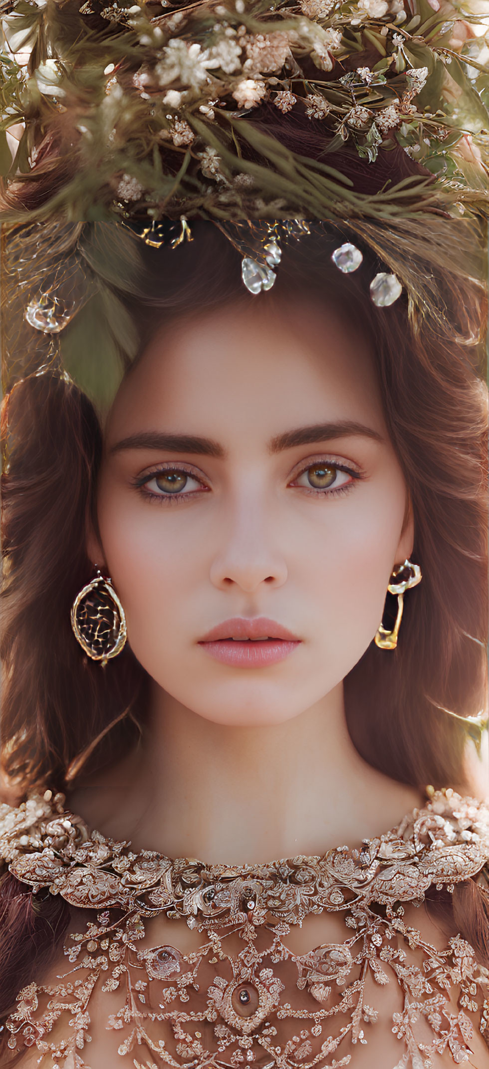 Woman adorned with floral crown and ornate jewelry in regal setting