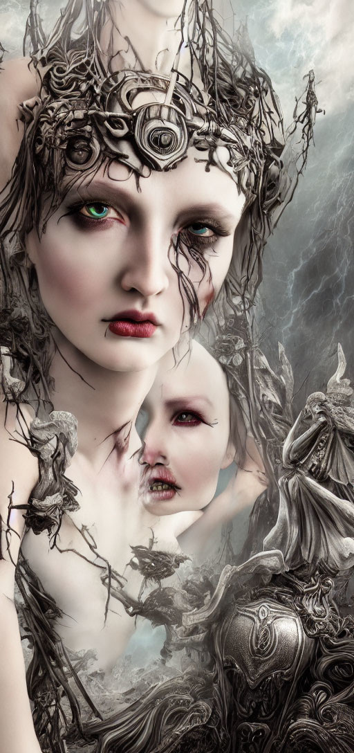 Surreal portrait of woman with green eyes and ornate headpiece and ghostly faces