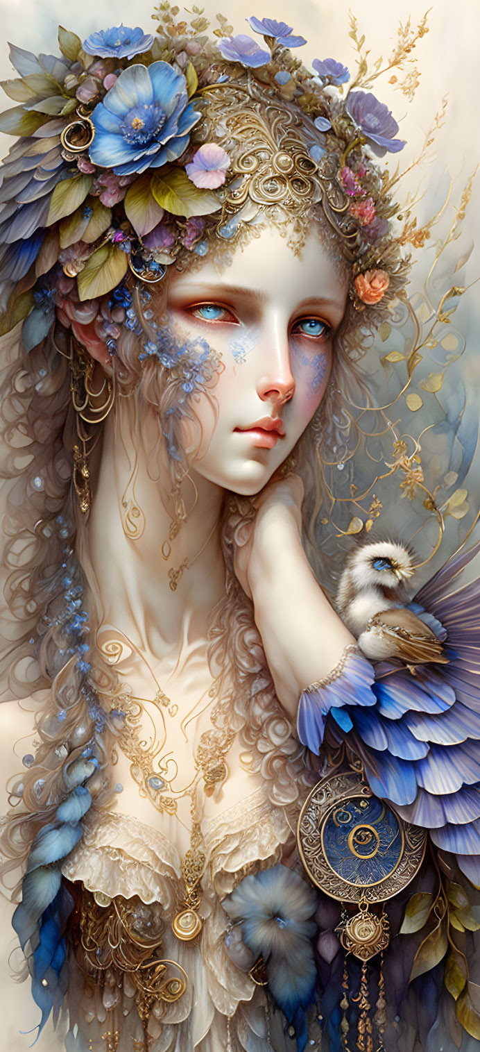 Ethereal portrait of woman with floral crown and bluebird on textured background