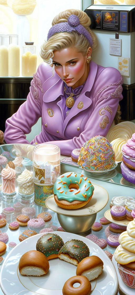 Stylized illustration of woman in lavender outfit at pastry-filled table