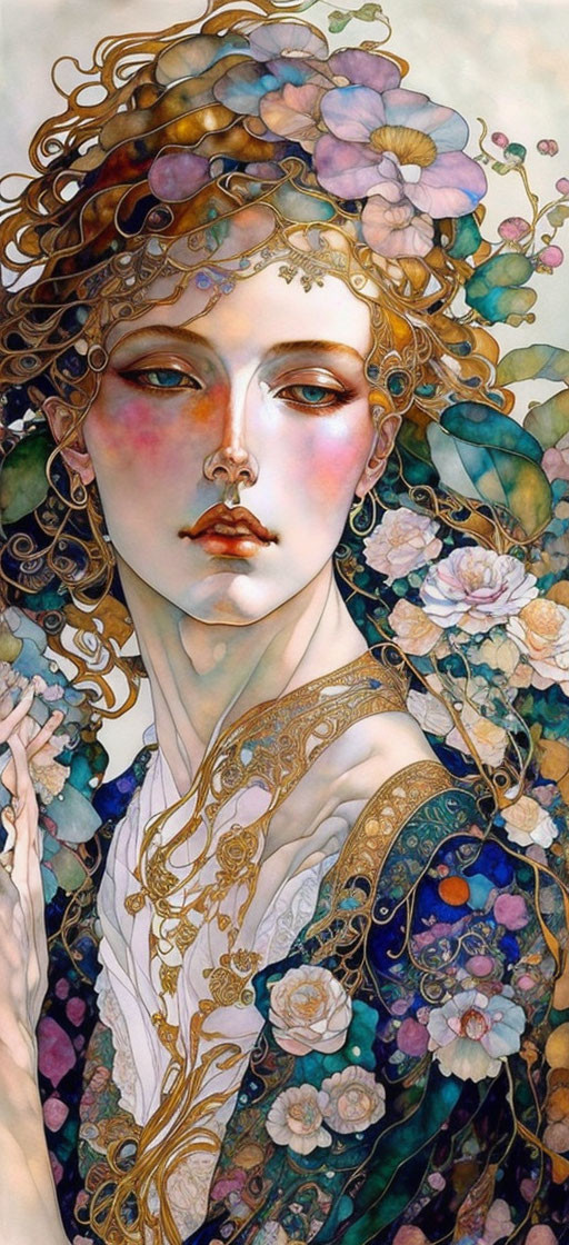 Ethereal woman adorned with gold jewelry in Art Nouveau style