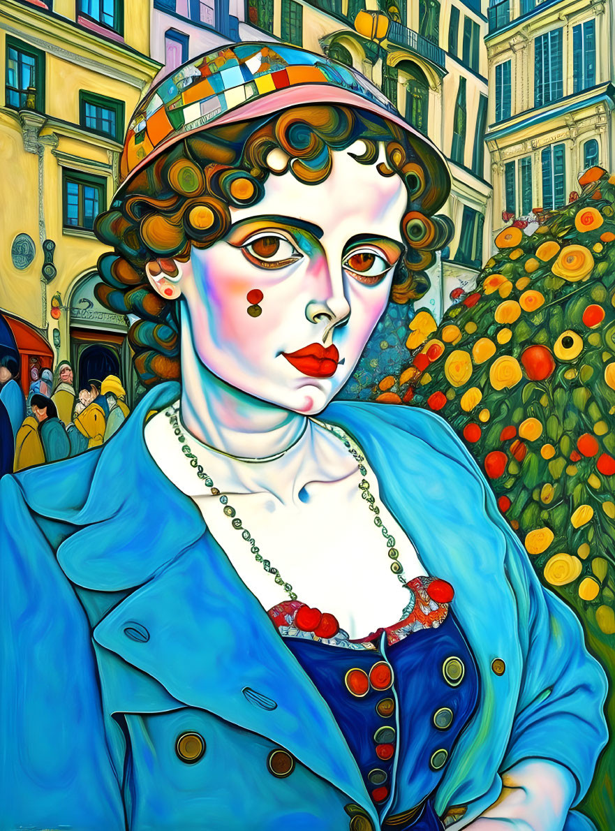 Colorful stylized portrait of person with exaggerated features in blue jacket and mosaic hat against vibrant background.