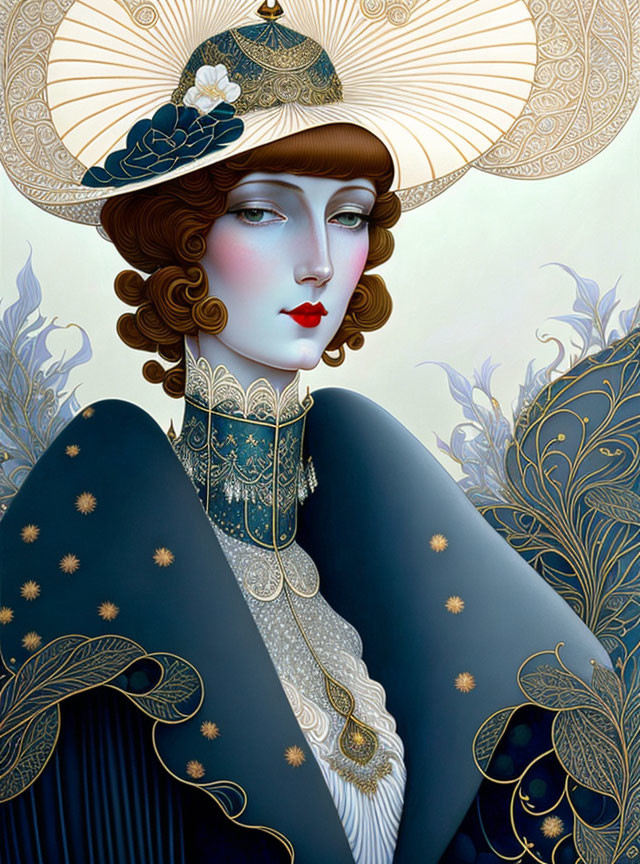 Illustrated woman with lotus hat, gold accents, star coat & decorative collar