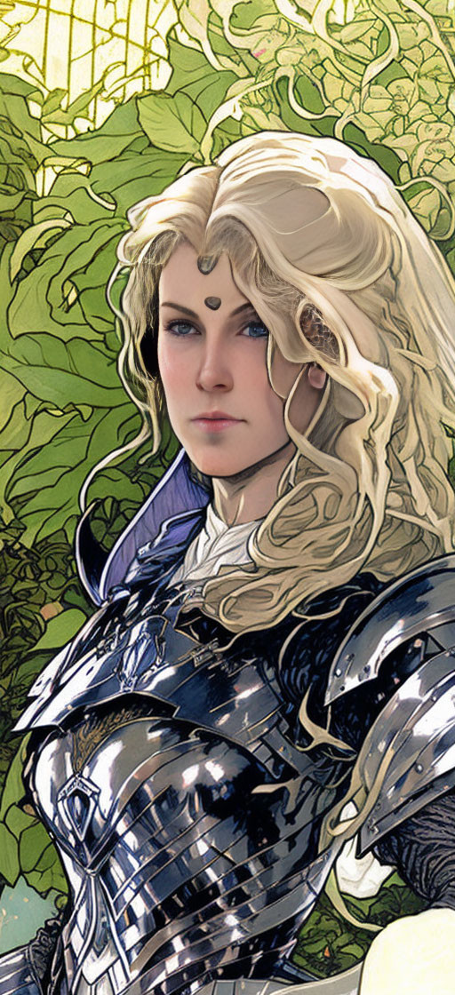 Illustrated female warrior in detailed blue armor with serene expression against green foliage