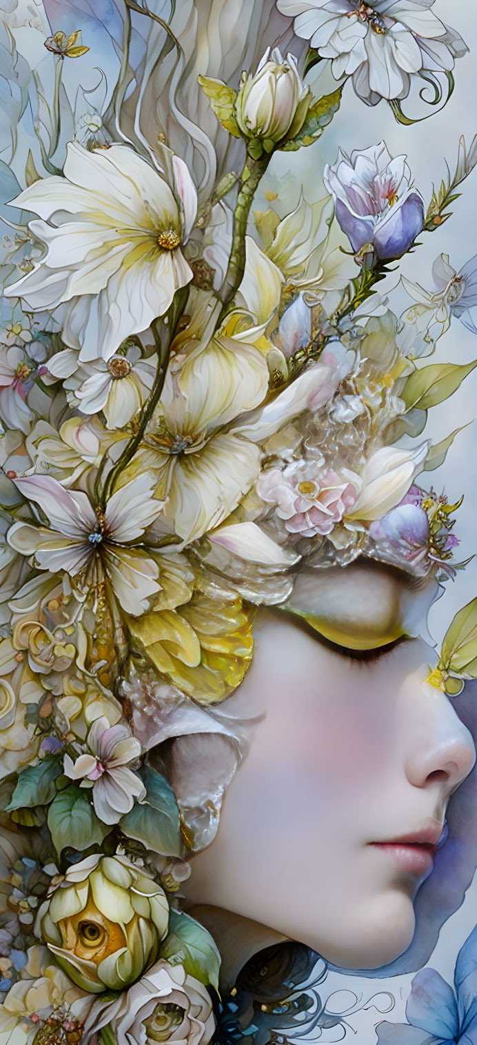 Stylized portrait of person with floral adorned face and hair bouquet