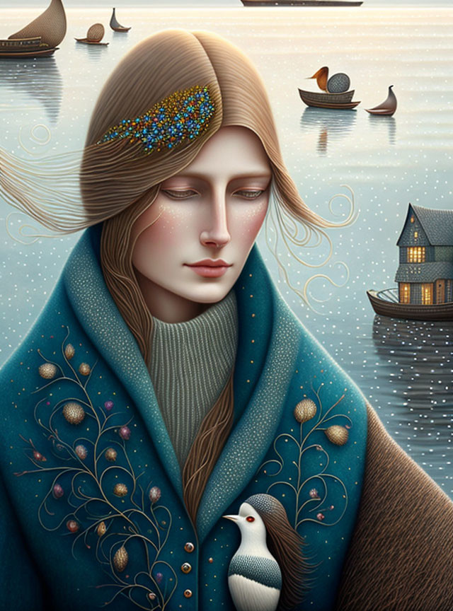 Detailed illustration of woman with jewel-adorned headpiece and cape, holding bird by calm sea.