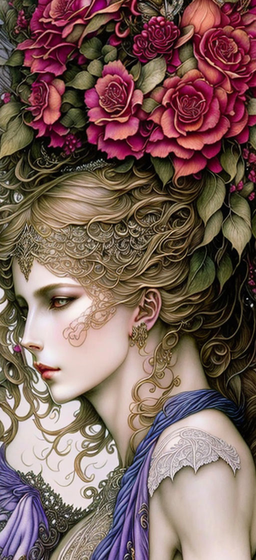 Detailed Illustration: Woman with Elaborate Headpieces - Roses, Gold Filigree - Myst