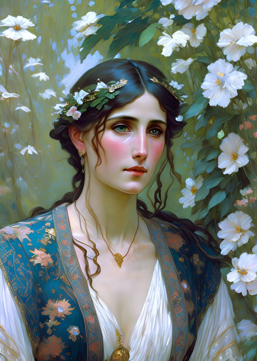 Woman with Dark Hair Wearing Blue Shawl and Flowers