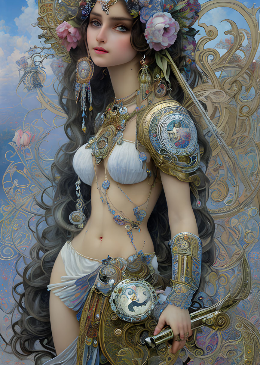 Ethereal woman with gray hair and floral hat holding ornate sphere against fantasy backdrop