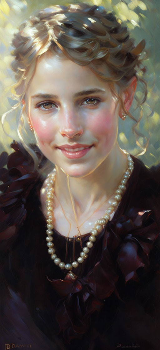 Smiling young woman with braided hair and pearl necklace in warm sunlight