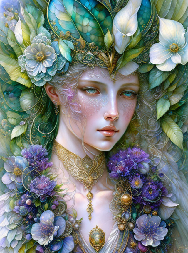 Fantasy portrait of a female figure with floral adornments and vibrant colors