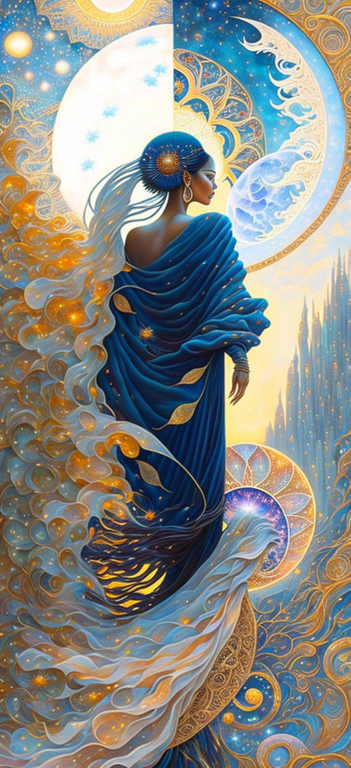 Ethereal woman in flowing blue gown with cosmic motifs