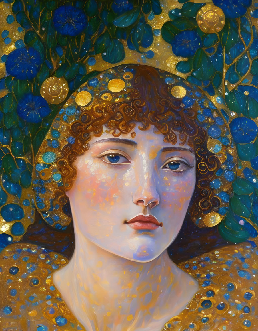 Curly-Haired Woman Portrait with Gold Accents on Blue Floral Background