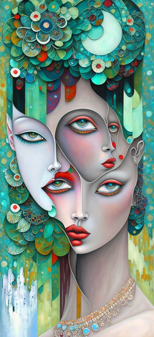 Surreal Art: Three Female Faces Merged in Vibrant Patterns and Floral Motifs